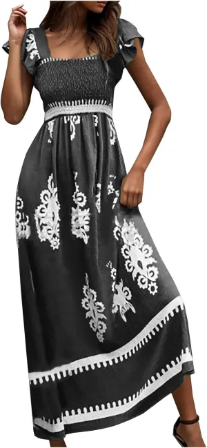 Women Ethnic Style Maxi Dress Summer Vintage Print A-Line Dresses Smocked Square Neck Cap Sleeve Boho Beach Dress