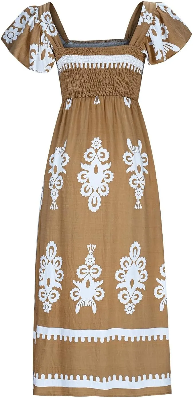 Women Ethnic Style Maxi Dress Summer Vintage Print A-Line Dresses Smocked Square Neck Cap Sleeve Boho Beach Dress