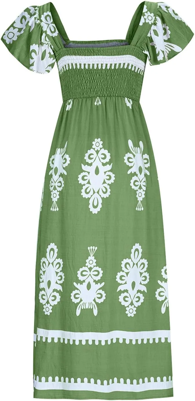 Women Ethnic Style Maxi Dress Summer Vintage Print A-Line Dresses Smocked Square Neck Cap Sleeve Boho Beach Dress
