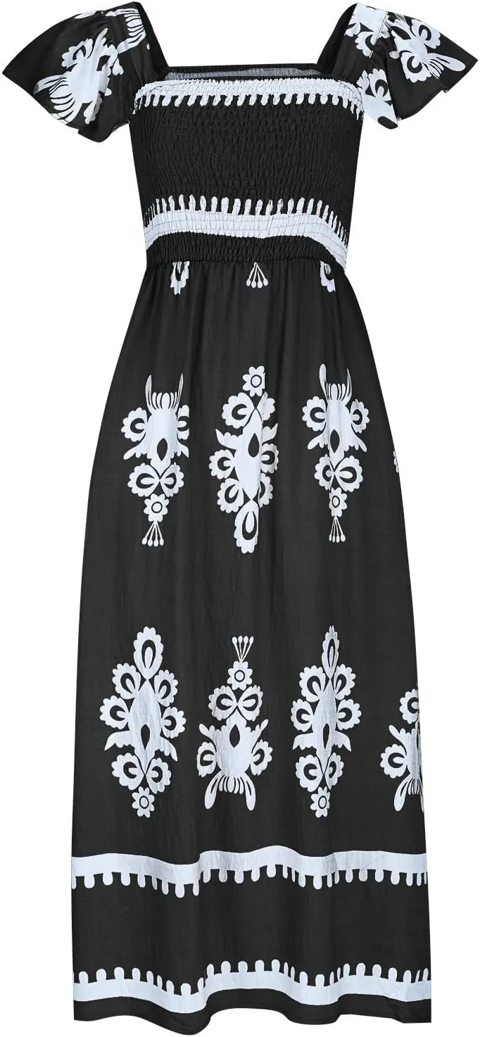 Women Ethnic Style Maxi Dress Summer Vintage Print A-Line Dresses Smocked Square Neck Cap Sleeve Boho Beach Dress
