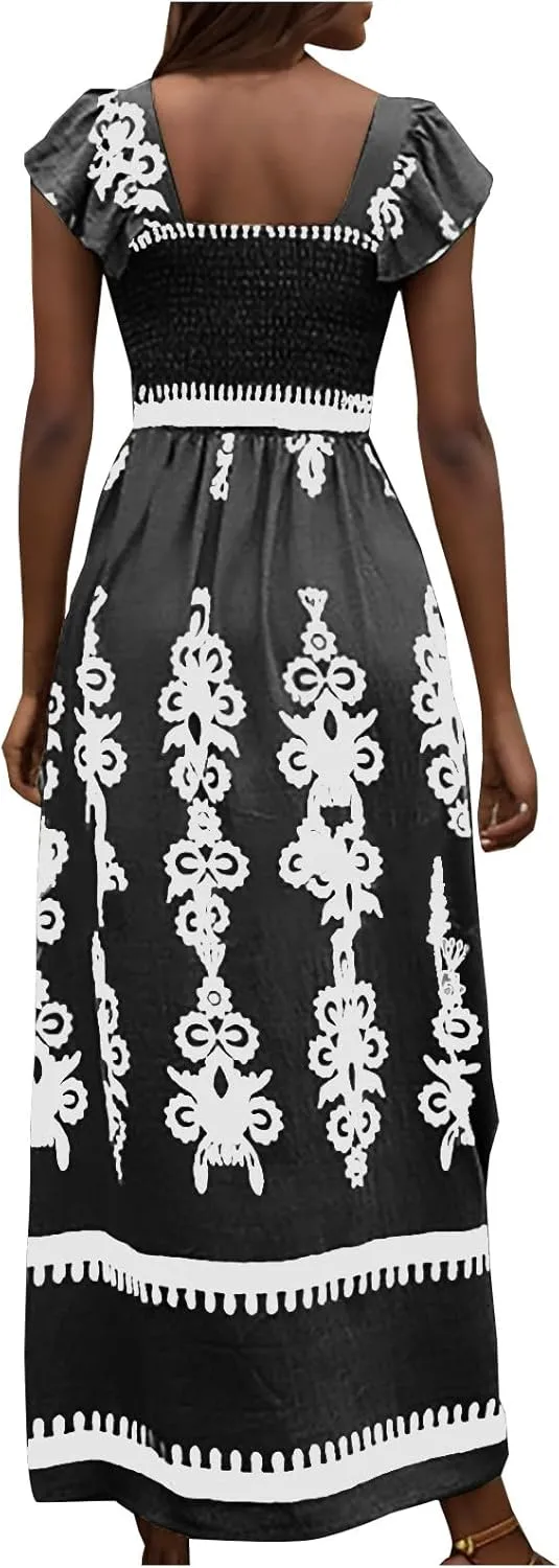 Women Ethnic Style Maxi Dress Summer Vintage Print A-Line Dresses Smocked Square Neck Cap Sleeve Boho Beach Dress