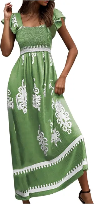 Women Ethnic Style Maxi Dress Summer Vintage Print A-Line Dresses Smocked Square Neck Cap Sleeve Boho Beach Dress