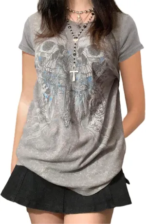 Women Fairy Grunge Y2k Shirts Short Sleeve Gothic Graphic Top Vintage Print Crop Tee Aesthetic Oversized Clothes