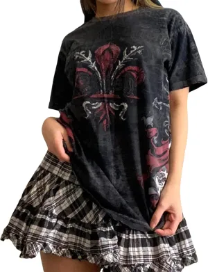 Women Fairy Grunge Y2k Shirts Short Sleeve Gothic Graphic Top Vintage Print Crop Tee Aesthetic Oversized Clothes