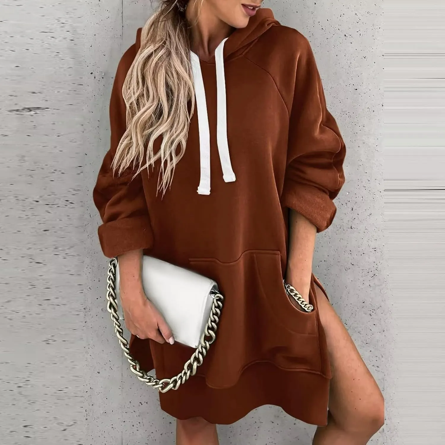 Women Hooded Sweatshirt Dress The Warmy Oversized Hoodie Dress Casual Drawstring Long Sweatshirt Trendy Split Hem Tops