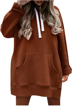 Women Hooded Sweatshirt Dress The Warmy Oversized Hoodie Dress Casual Drawstring Long Sweatshirt Trendy Split Hem Tops