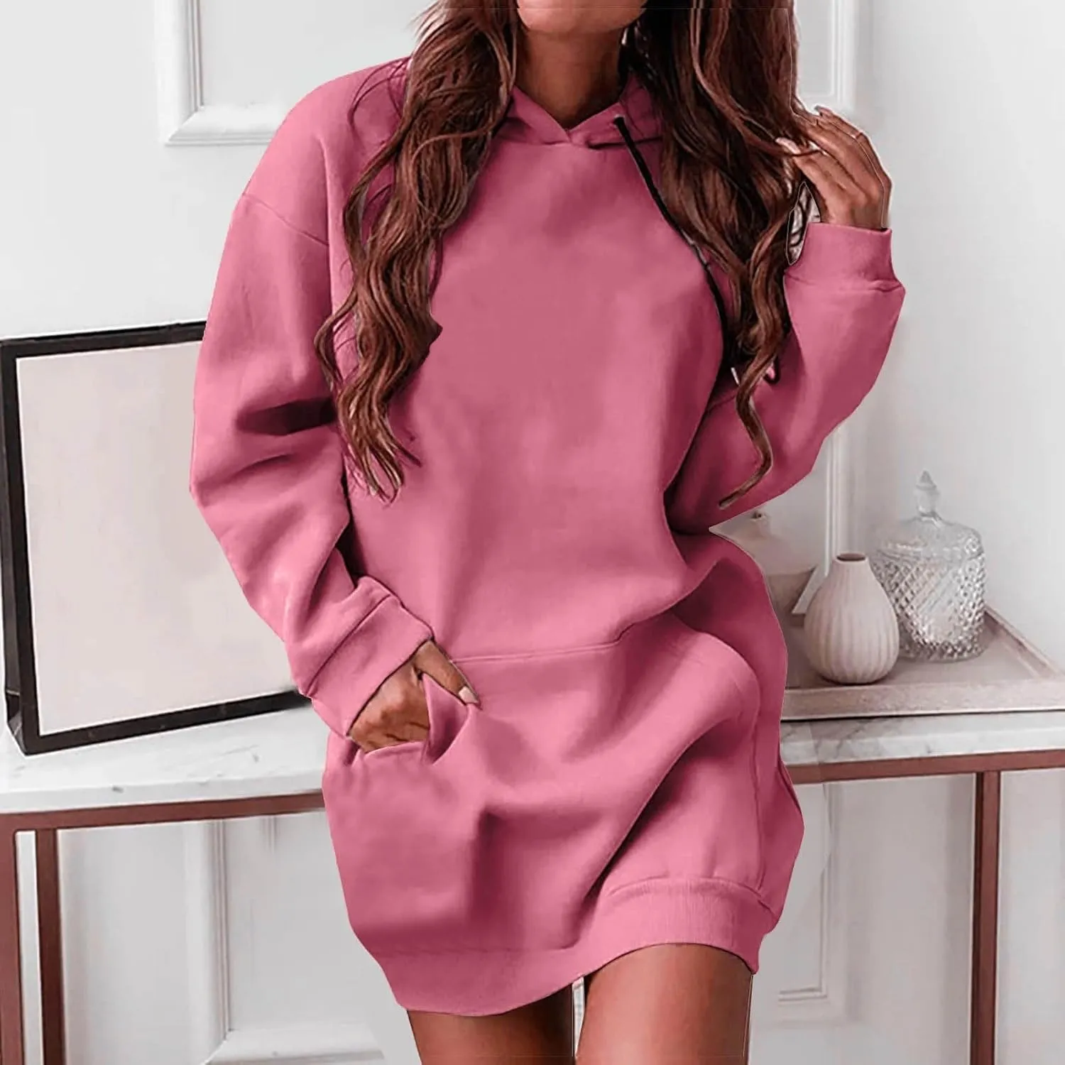 Women Oversized Tunic Hoodie Drawstring Winter Plus Size Sweatshirt Fall Casual Loungewear Pullover Tops with Pockets