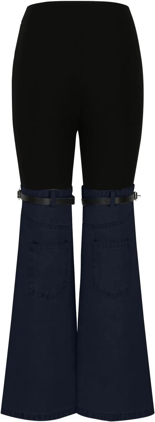 Women Patchwork Flare Jeans Stretch High Waisted Bell Bottom Denim Pants Wide Leg Fashion Y2k Color Block Trousers