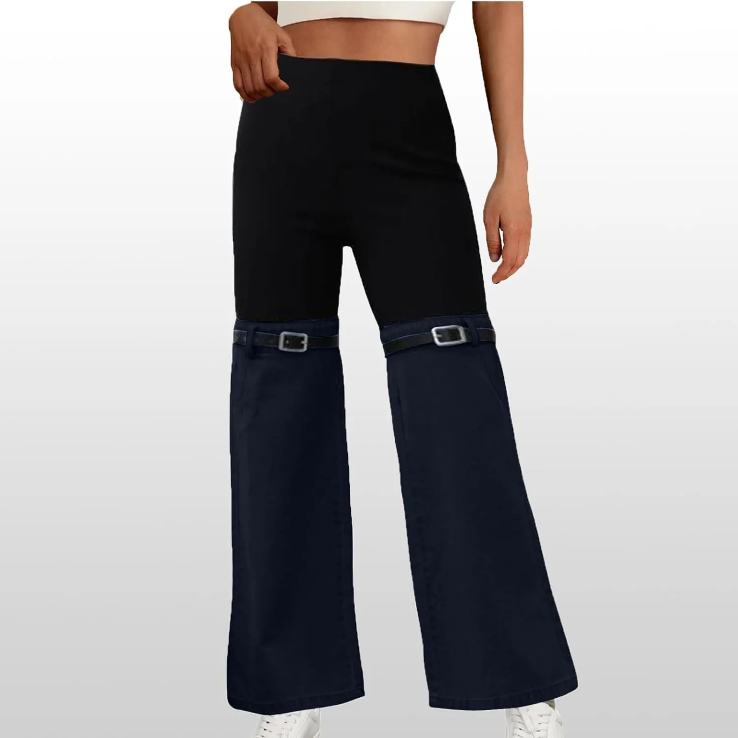 Women Patchwork Flare Jeans Stretch High Waisted Bell Bottom Denim Pants Wide Leg Fashion Y2k Color Block Trousers