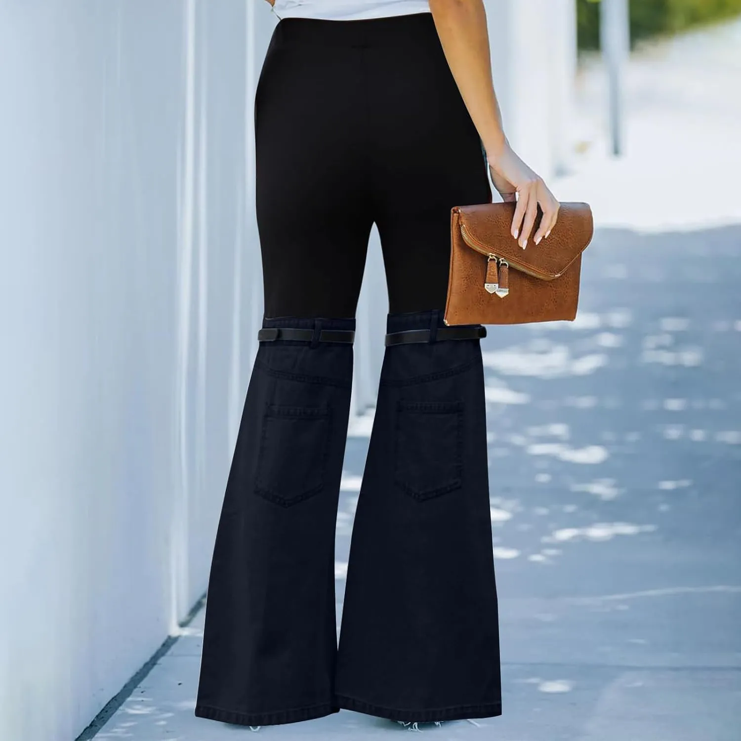 Women Patchwork Flare Jeans Stretch High Waisted Bell Bottom Denim Pants Wide Leg Fashion Y2k Color Block Trousers