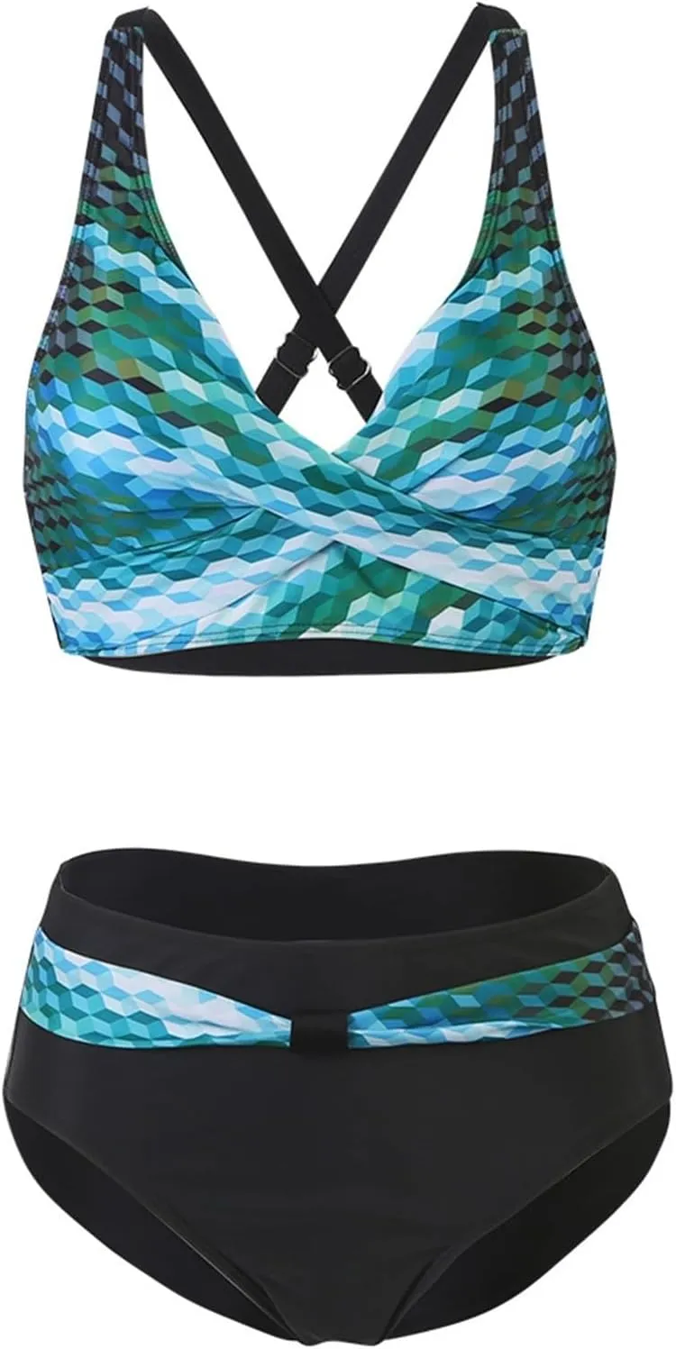 Women Push Up Halter Bikini Set Vintage Print Two Piece Swimsuits High Waisted Tummy Control Bottoms Bathing Suits