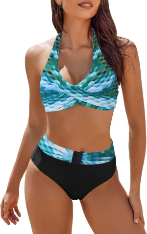 Women Push Up Halter Bikini Set Vintage Print Two Piece Swimsuits High Waisted Tummy Control Bottoms Bathing Suits