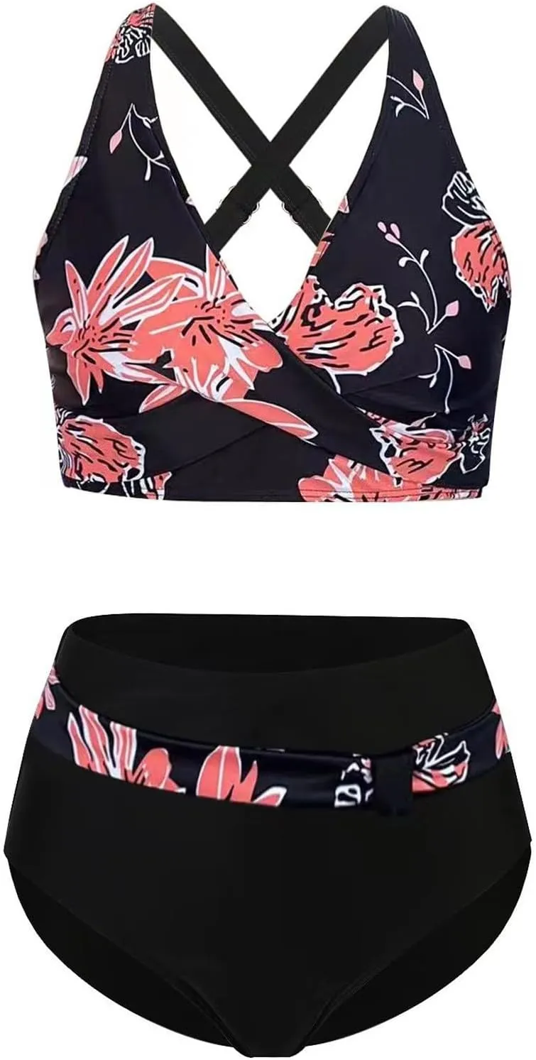 Women Push Up Halter Bikini Set Vintage Print Two Piece Swimsuits High Waisted Tummy Control Bottoms Bathing Suits