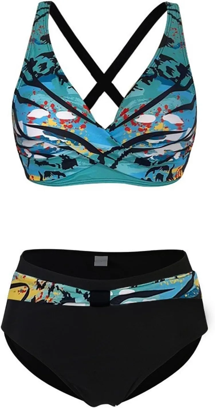 Women Push Up Halter Bikini Set Vintage Print Two Piece Swimsuits High Waisted Tummy Control Bottoms Bathing Suits