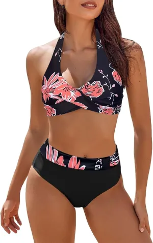 Women Push Up Halter Bikini Set Vintage Print Two Piece Swimsuits High Waisted Tummy Control Bottoms Bathing Suits