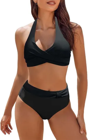 Women Push Up Halter Bikini Set Vintage Print Two Piece Swimsuits High Waisted Tummy Control Bottoms Bathing Suits