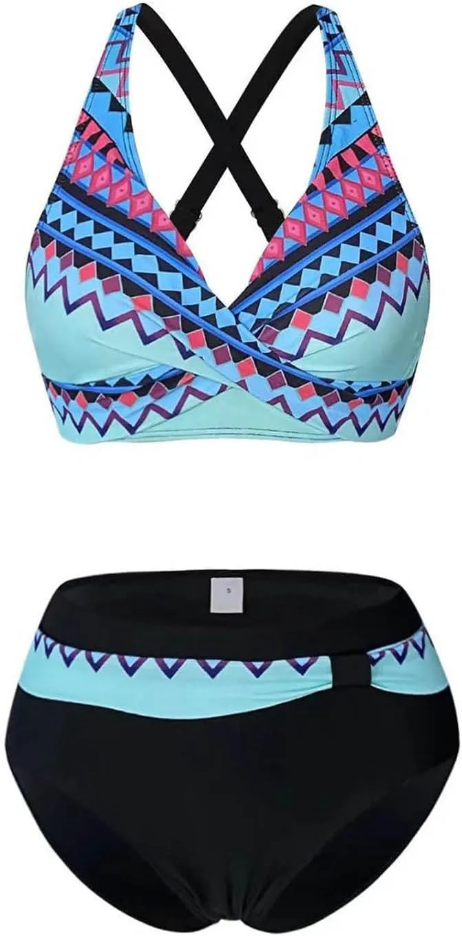 Women Push Up Halter Bikini Set Vintage Print Two Piece Swimsuits High Waisted Tummy Control Bottoms Bathing Suits