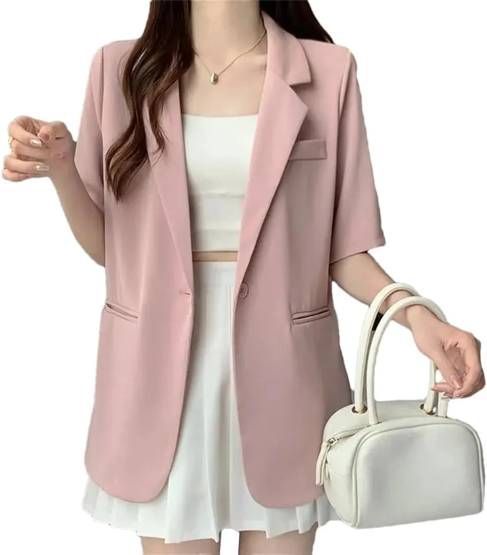 Women Short Sleeve Suit Coat Summer Loose Fitting Solid Color Blazer Jacket Outerwear