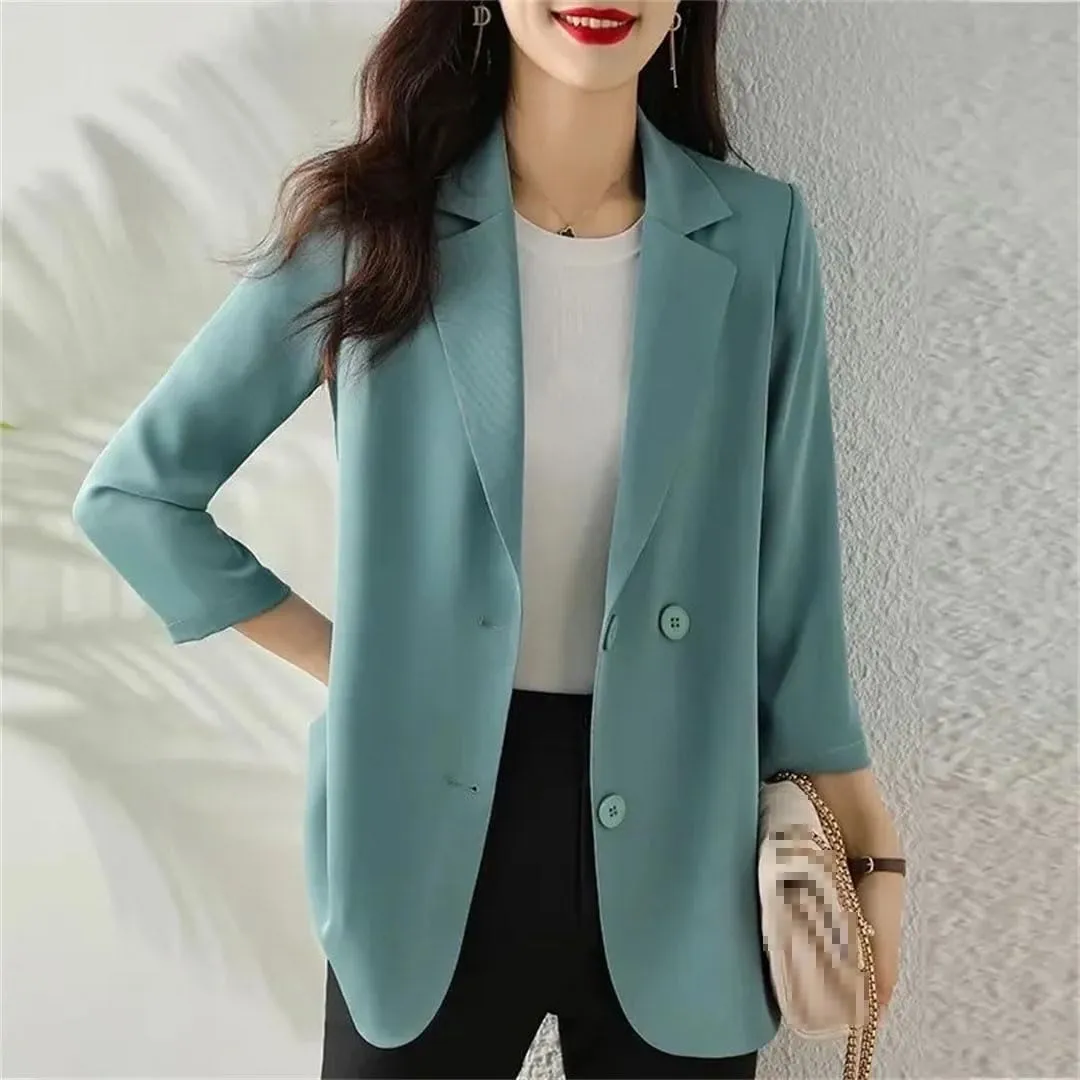 Women Solid Blazers Coat Slim Suits Jacket Casual Three-Quarter Sleeve Thin Office Lady Blazer Spring Summer