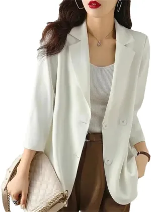 Women Solid Blazers Coat Slim Suits Jacket Casual Three-Quarter Sleeve Thin Office Lady Blazer Spring Summer