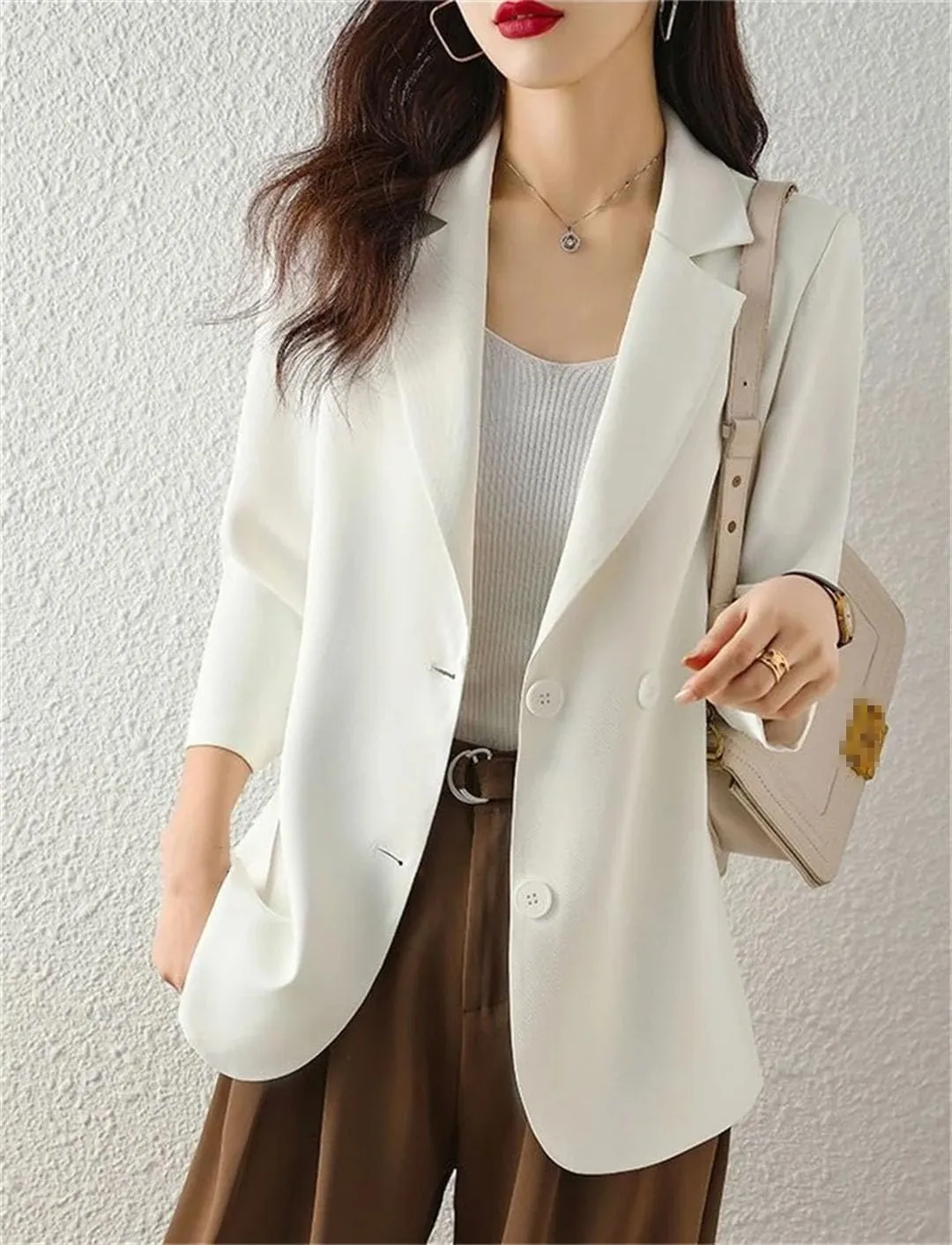 Women Solid Blazers Coat Slim Suits Jacket Casual Three-Quarter Sleeve Thin Office Lady Blazer Spring Summer