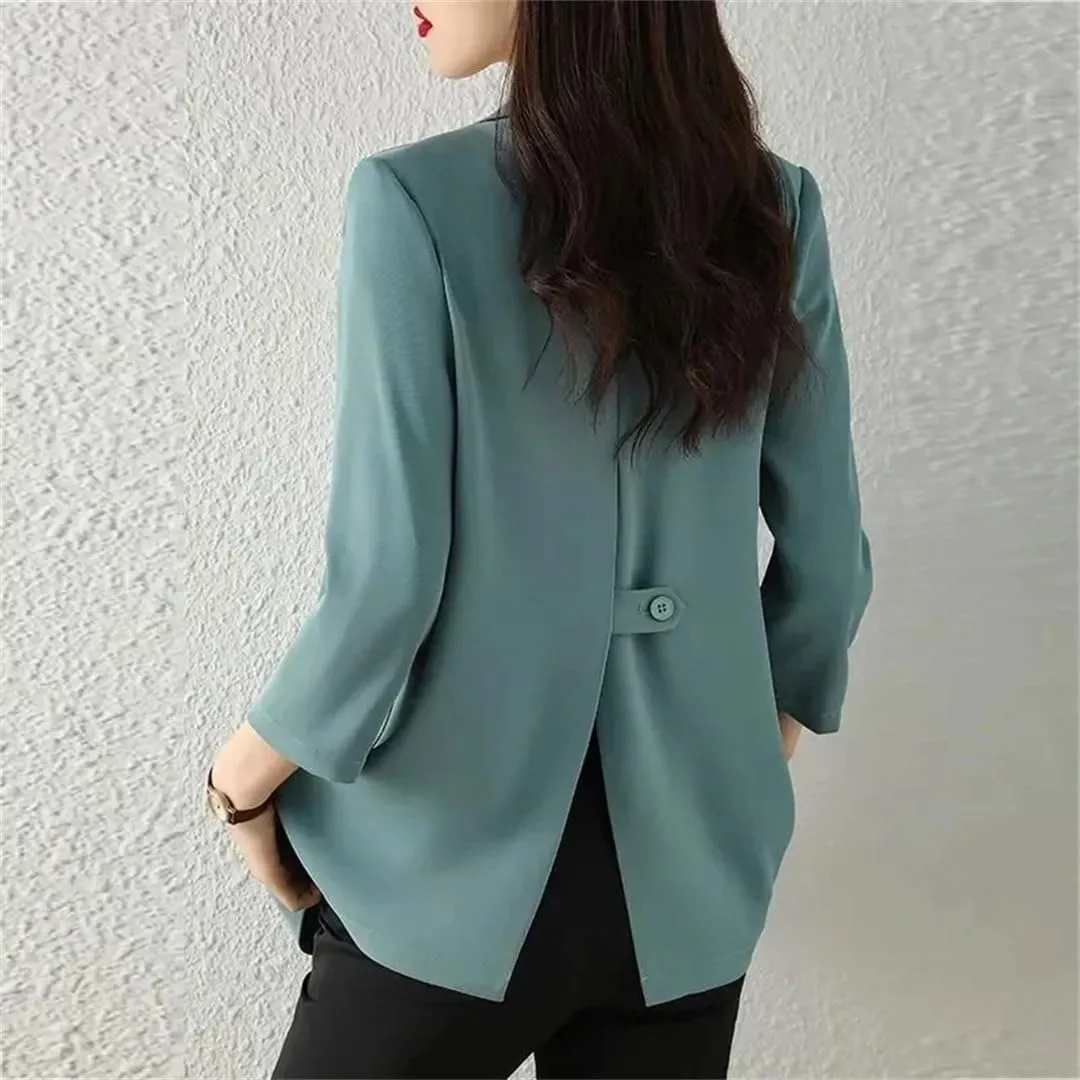 Women Solid Blazers Coat Slim Suits Jacket Casual Three-Quarter Sleeve Thin Office Lady Blazer Spring Summer