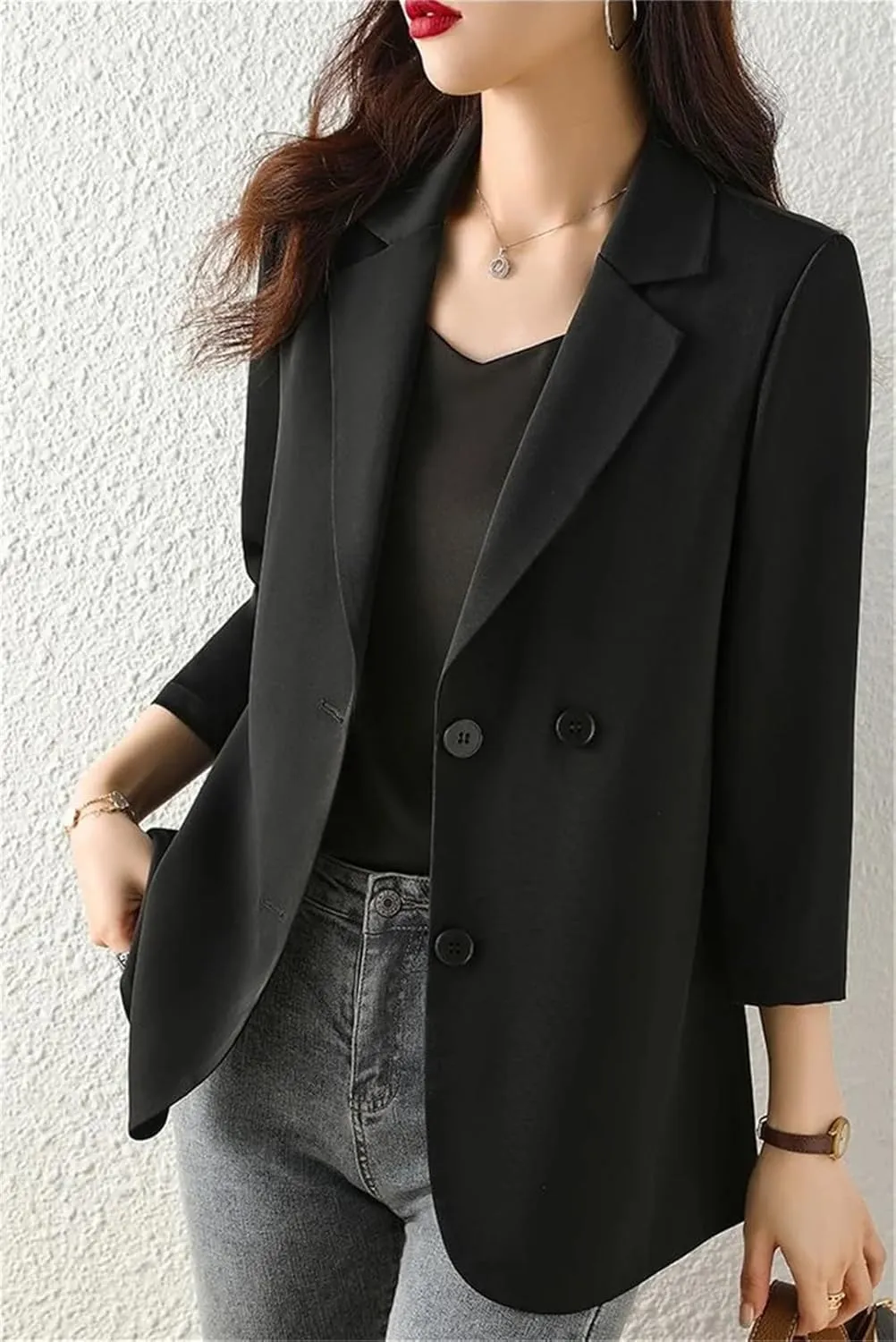 Women Solid Blazers Coat Slim Suits Jacket Casual Three-Quarter Sleeve Thin Office Lady Blazer Spring Summer