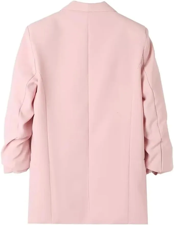 Women Solid Color Office Wear Open Front Blazer Coat Pleated 3/4 Sleeve Flap Pockets Outerwear Tops
