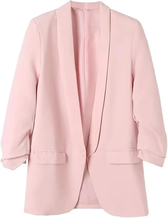 Women Solid Color Office Wear Open Front Blazer Coat Pleated 3/4 Sleeve Flap Pockets Outerwear Tops