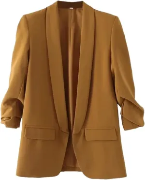Women Solid Color Office Wear Open Front Blazer Coat Pleated 3/4 Sleeve Flap Pockets Outerwear Tops