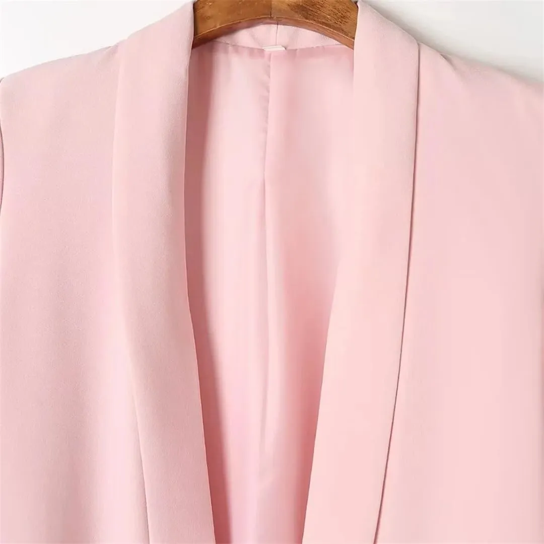 Women Solid Color Office Wear Open Front Blazer Coat Pleated 3/4 Sleeve Flap Pockets Outerwear Tops
