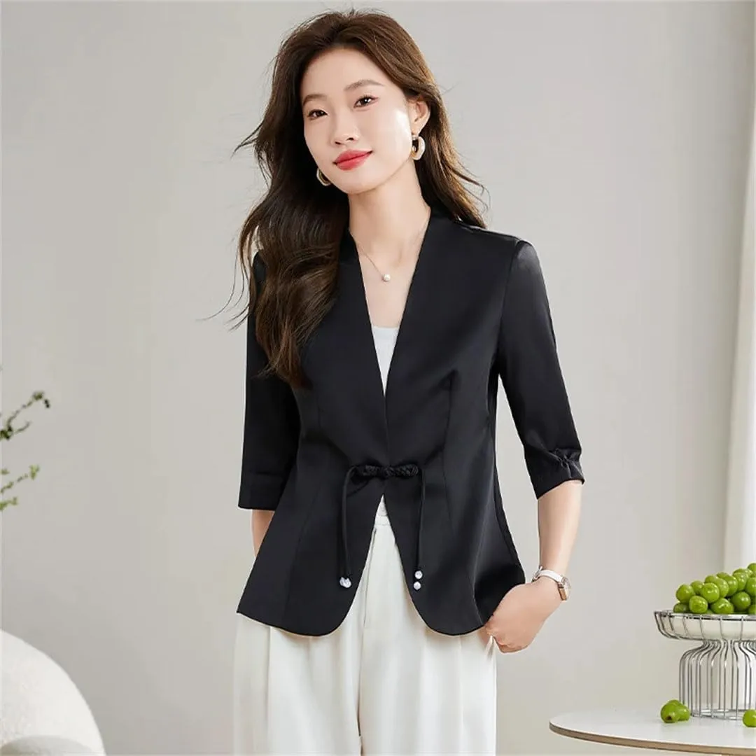 Women Spring Summer Short Blazer Coat Satin Stitching Mesh Half Sleeve Thin Suit Jacket