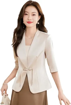 Women Spring Summer Short Blazer Coat Satin Stitching Mesh Half Sleeve Thin Suit Jacket