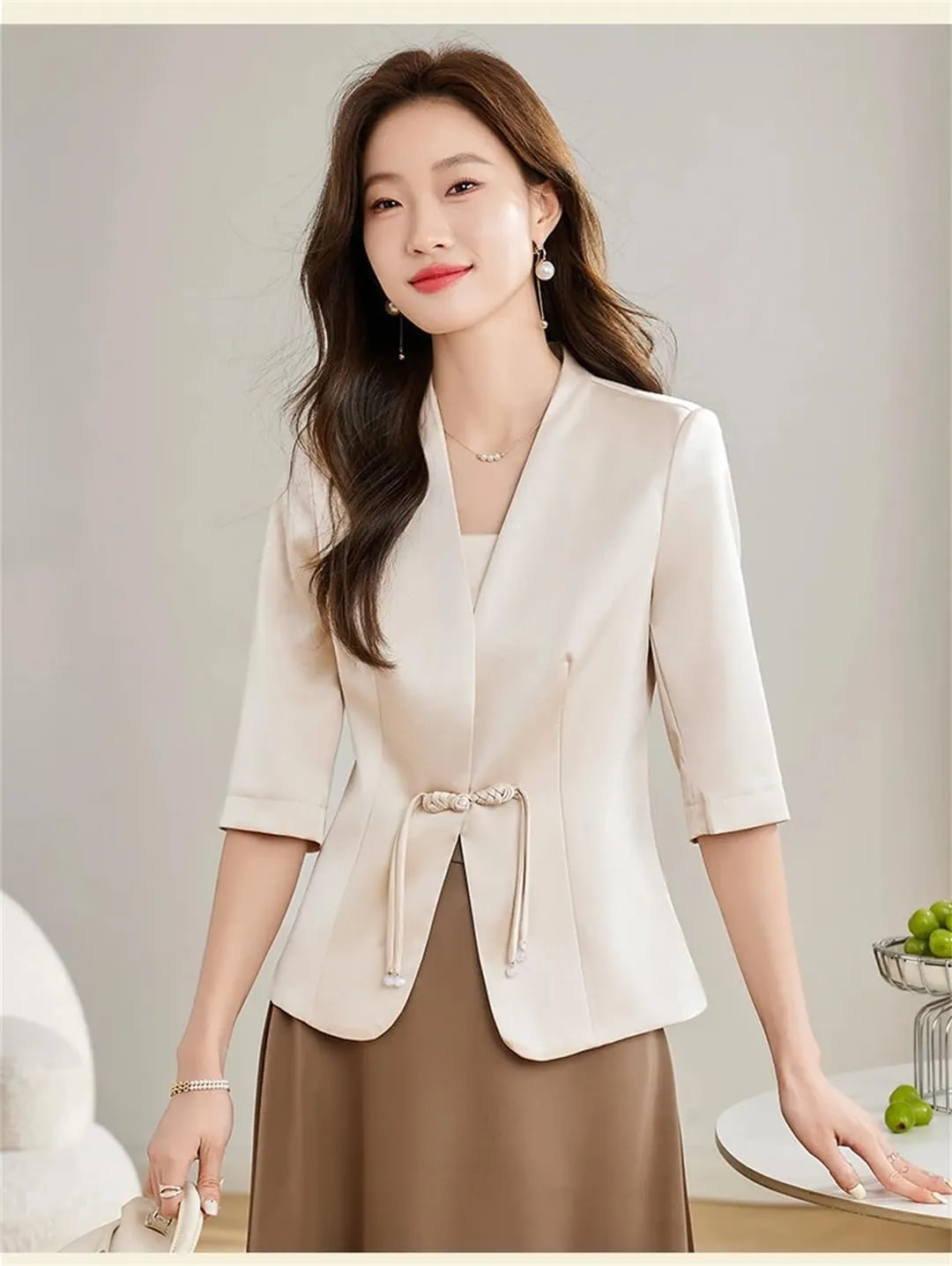 Women Spring Summer Short Blazer Coat Satin Stitching Mesh Half Sleeve Thin Suit Jacket