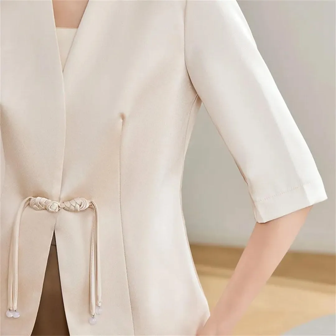 Women Spring Summer Short Blazer Coat Satin Stitching Mesh Half Sleeve Thin Suit Jacket