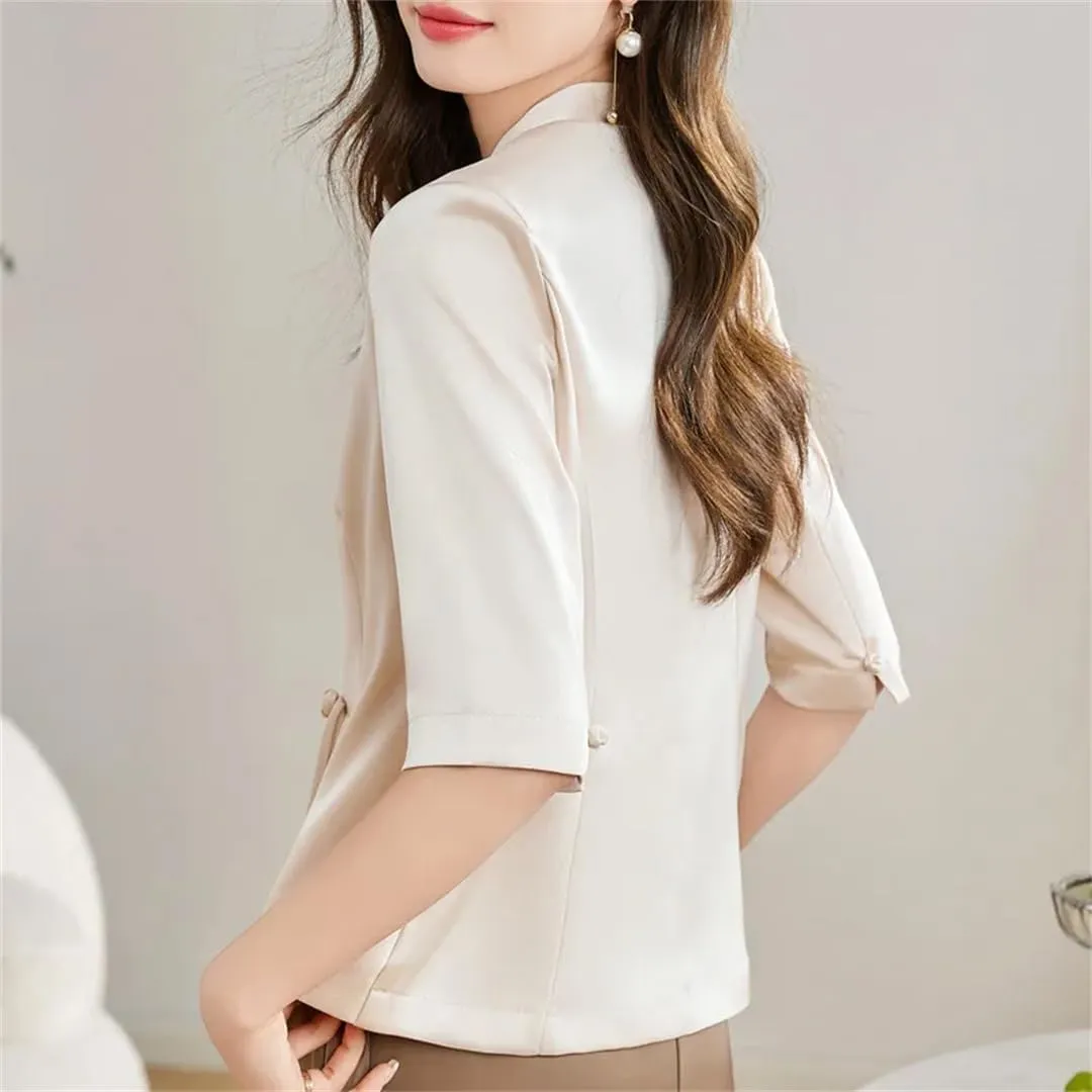 Women Spring Summer Short Blazer Coat Satin Stitching Mesh Half Sleeve Thin Suit Jacket