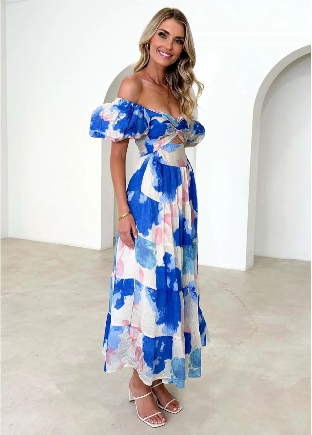 Women Summer Dresses V-Neck Floral Long Dress Casual Puff Sleeve Square Neck Floral Formal Dress