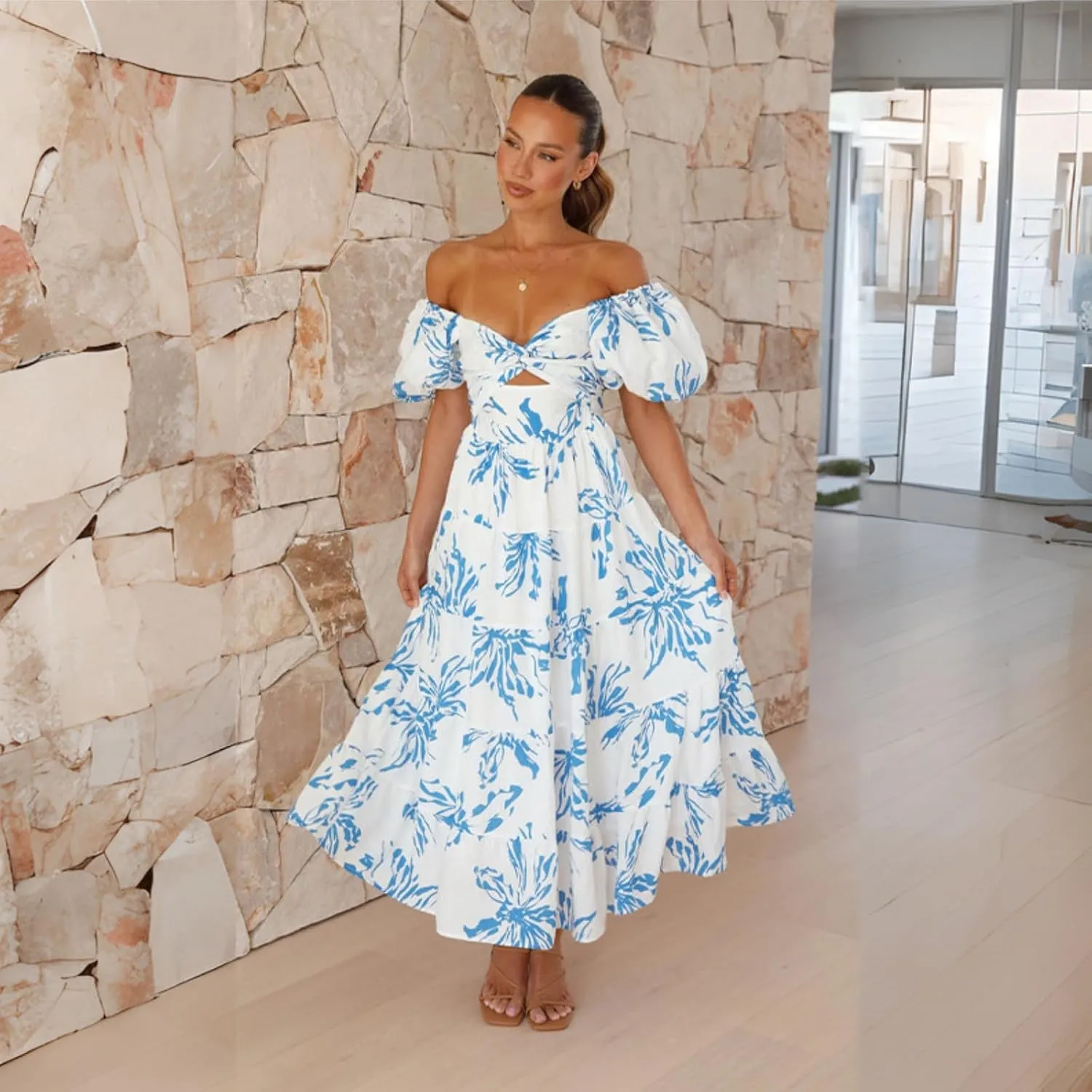 Women Summer Dresses V-Neck Floral Long Dress Casual Puff Sleeve Square Neck Floral Formal Dress