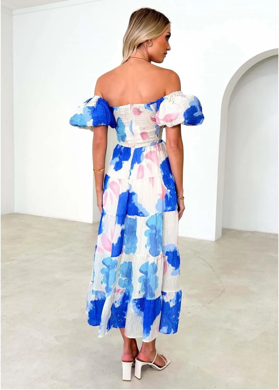 Women Summer Dresses V-Neck Floral Long Dress Casual Puff Sleeve Square Neck Floral Formal Dress
