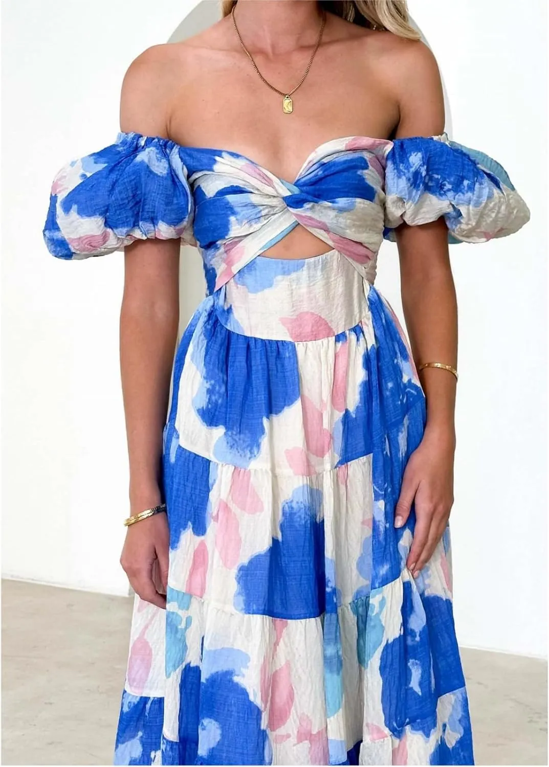 Women Summer Dresses V-Neck Floral Long Dress Casual Puff Sleeve Square Neck Floral Formal Dress