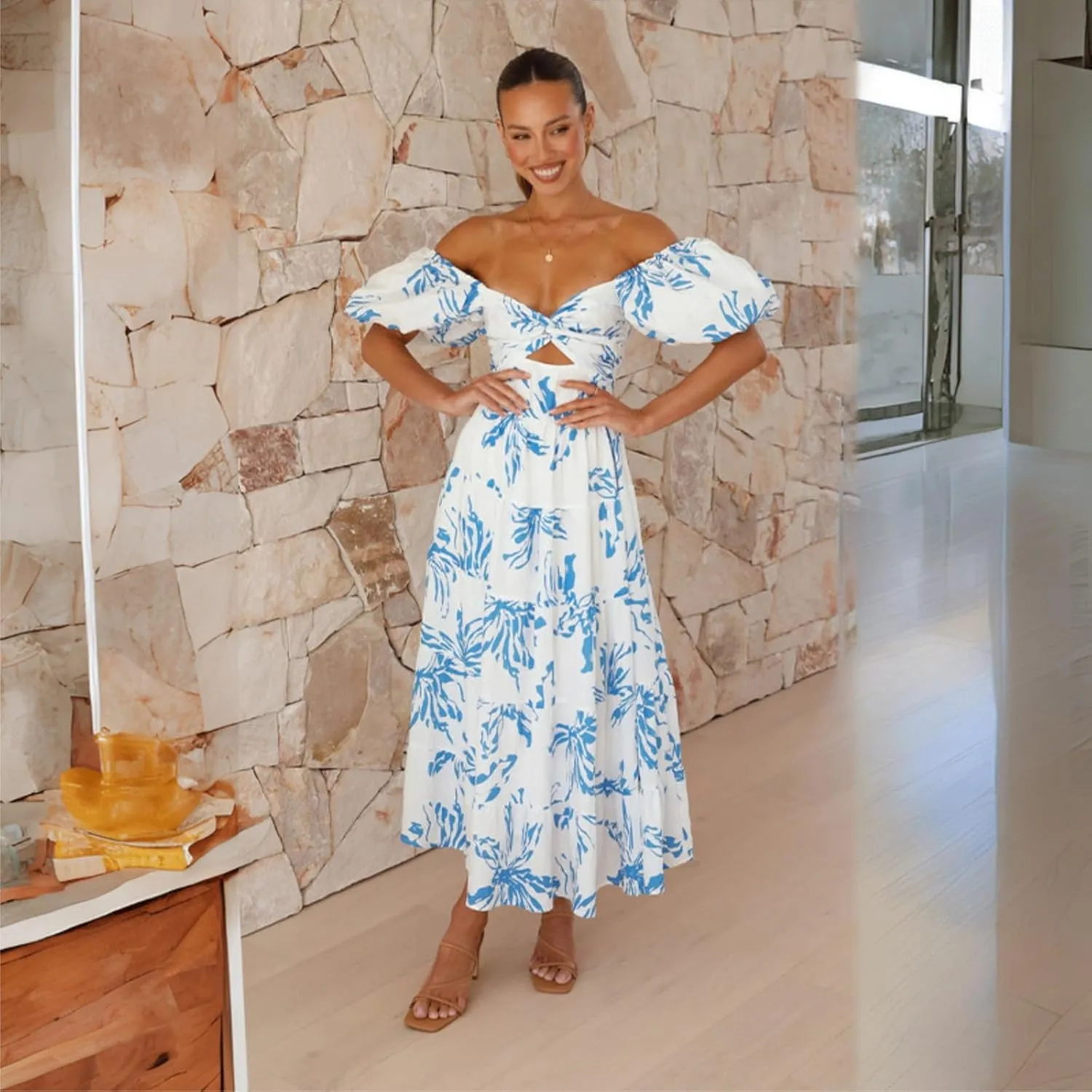 Women Summer Dresses V-Neck Floral Long Dress Casual Puff Sleeve Square Neck Floral Formal Dress