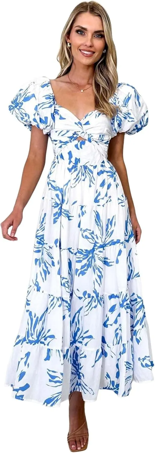 Women Summer Dresses V-Neck Floral Long Dress Casual Puff Sleeve Square Neck Floral Formal Dress