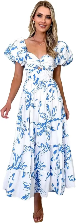 Women Summer Dresses V-Neck Floral Long Dress Casual Puff Sleeve Square Neck Floral Formal Dress
