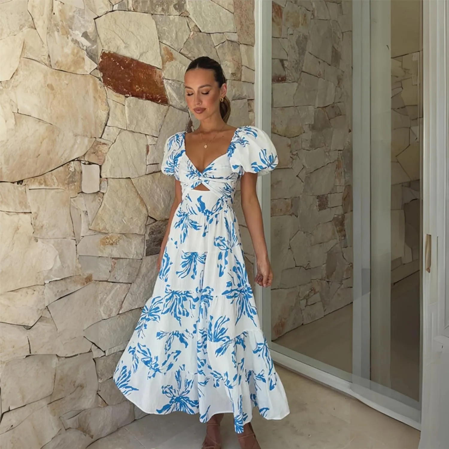 Women Summer Dresses V-Neck Floral Long Dress Casual Puff Sleeve Square Neck Floral Formal Dress