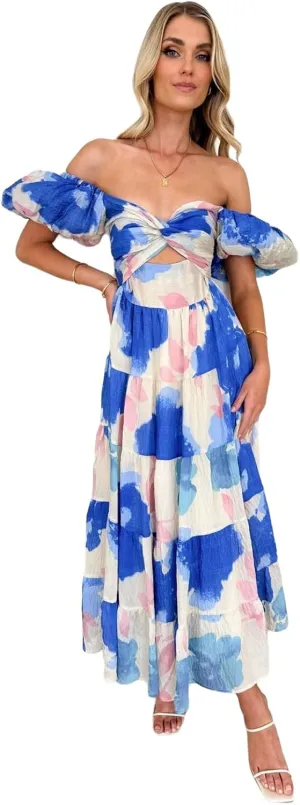 Women Summer Dresses V-Neck Floral Long Dress Casual Puff Sleeve Square Neck Floral Formal Dress