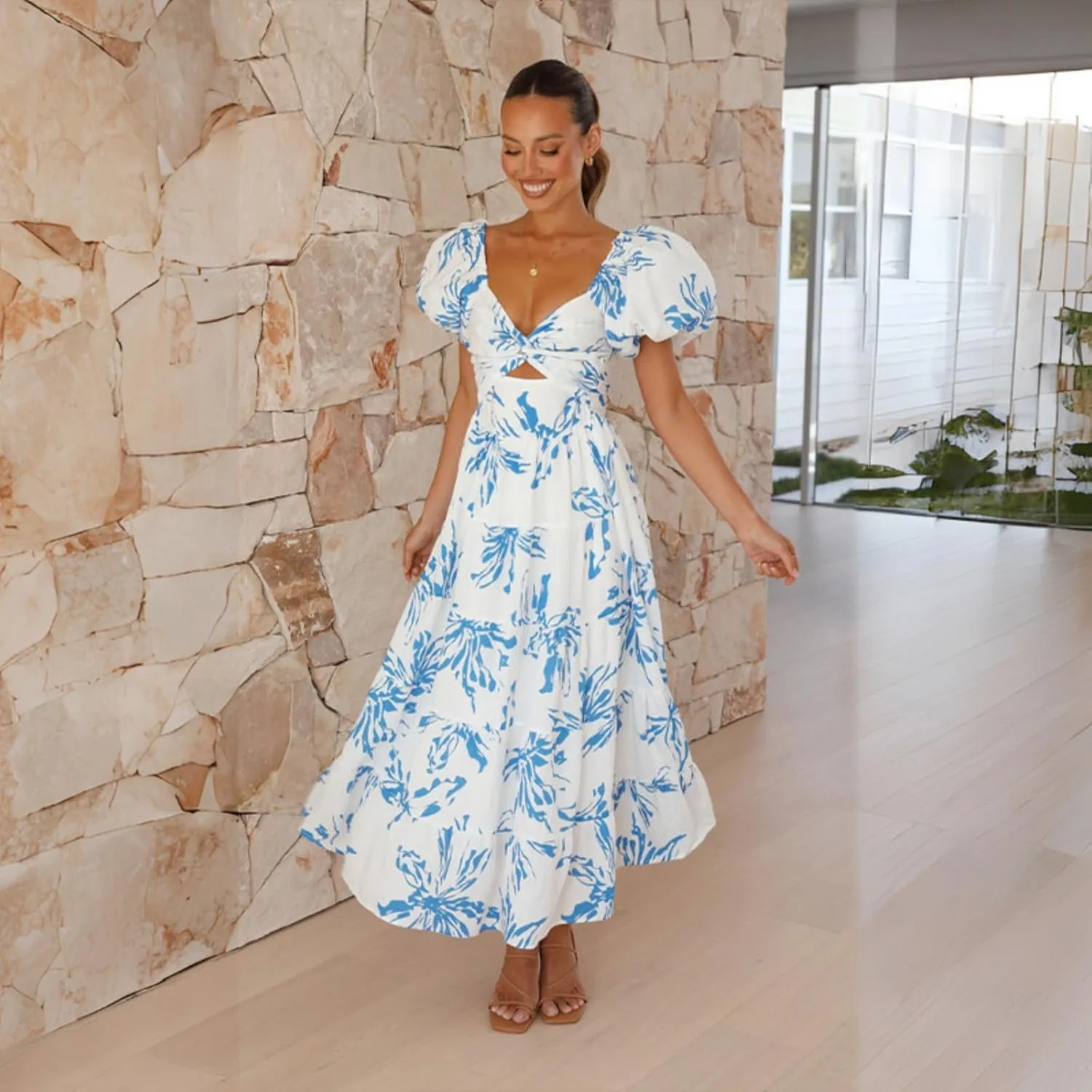 Women Summer Dresses V-Neck Floral Long Dress Casual Puff Sleeve Square Neck Floral Formal Dress