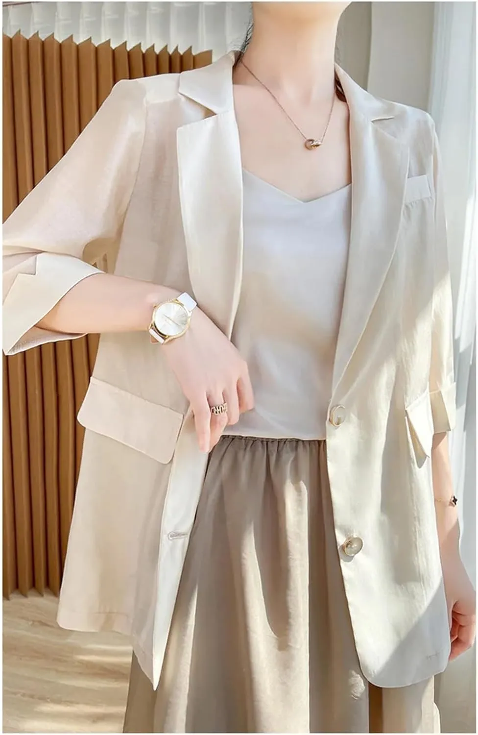 Women Summer Sun Protection Jacket Thin Outerwear Three-Quarter Sleeve Small Blazer Single Button