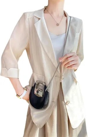 Women Summer Sun Protection Jacket Thin Outerwear Three-Quarter Sleeve Small Blazer Single Button