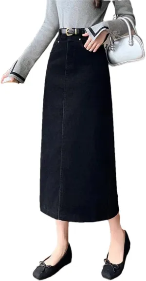 Women Vintage High Waist Winter Long Skirts Elegant Office Wear Solid Corduroy Pencil Skirt