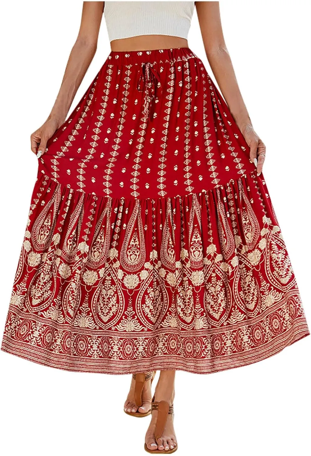 Women Vintage Print Flowy Long Skirt, Fashion High Waisted Drawstring A-Line Swing Skirts Summer Tiered Casual Clothes